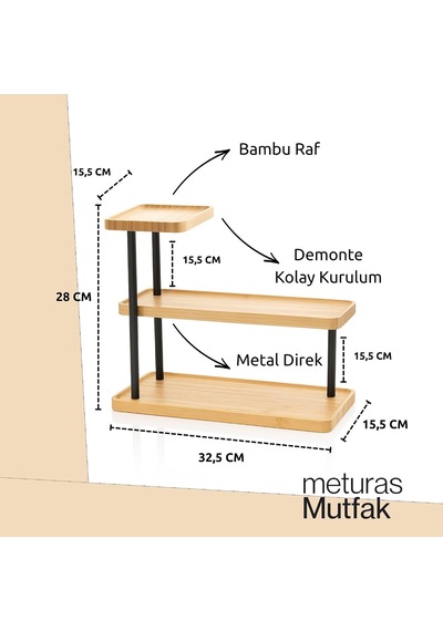 3 Katlı Bambu Mutfak Rafı, Metal Ayaklı, Doğal Bambu Ve Siyah Renk, Modern Tasarım, 32.5x28x15.5 Cm, Mutfak Düzenleyici, Tezgah Üstü Depolama Standı Çok Renkli