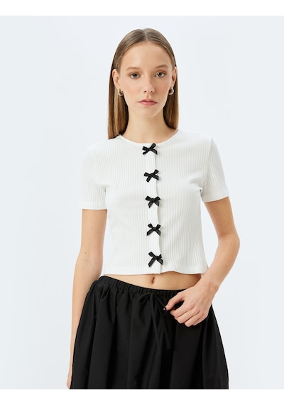 Koton Kısa Kollu Slim Fit Bisiklet Yaka Fitilli Fiyonklu Hırka Ekru 5sal90001ık Ekru