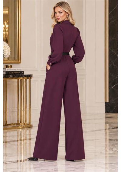 Neşeli Butik Kadın Mürdüm Balon Kol Kemerli Gömlek Yaka Krep Kumaş Tulum Nbk5006