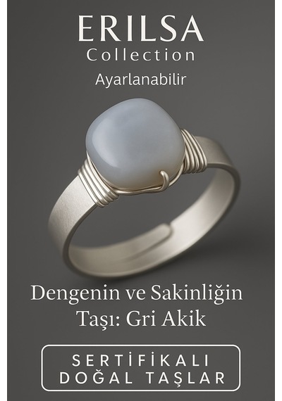 Sertifikalı Doğal Gri Akik Taşı Yüzük Kalın Tımbıl Kasa Gümüş Renk Ayarlanabilir Gri