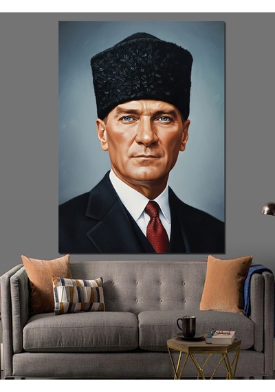Kalpak Şapkalı Mustafa Kemal Atatürk Portresi Dekoratif Kanvas - Mdf Ahşap Tablo