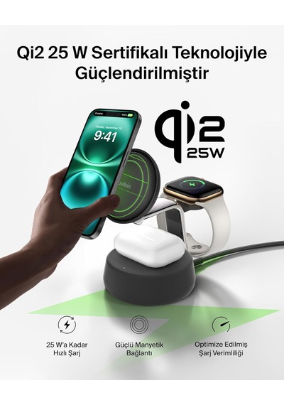 Belkin Ultracharge Pro Magsafe Uyumlu 3 Ü 1 Arada Qi2 25w Kablosu