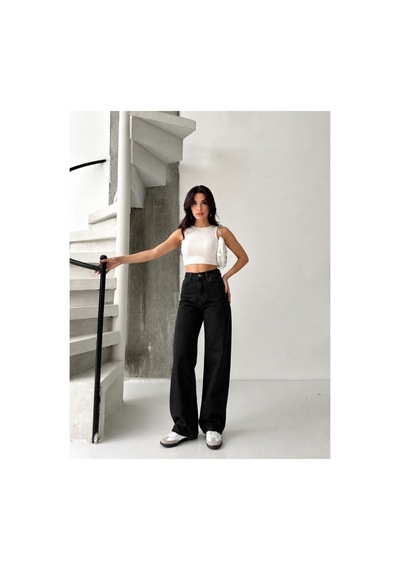 Kene Jeans Siyah Likralı Boyfriend Bol Paça Denim Pantolon Siyah