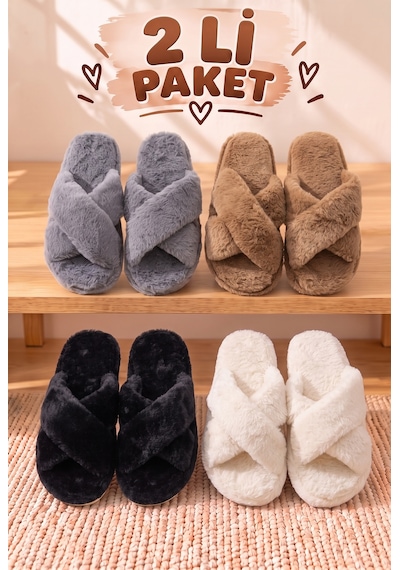 Stwenn 2'li Karma Erkek Kadın Avantajlı Paket Peluş Ev Terliği Kapalı Burun Arkası Açık Sıcak Rahat Panduf 2 Li Lori