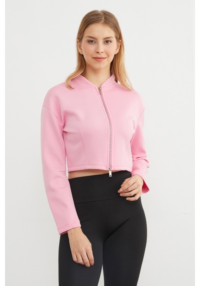 Fullamoda Fermuarlı Hakim Yaka Crop Spor Ceket Pembe