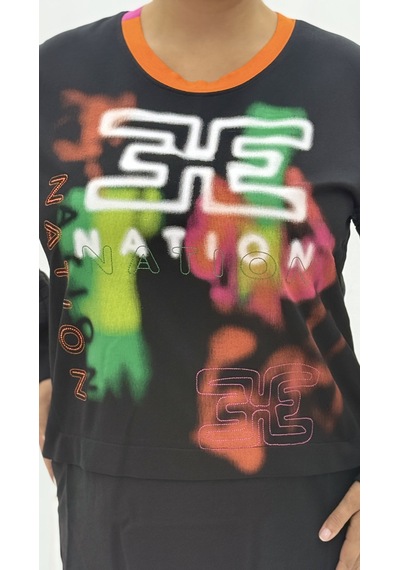 Büyük Beden Grafikli Viskon Uzun Kol Oversize Kadın Sweatshirt Siyah