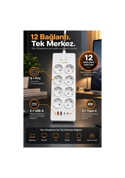 Robeve Fulltech 3680w 8 Li Akım Korumalı Uzatma Prizi - 2 Usb-a 2 Type-c, 2 Metre Kablo, Akıllı Koruma Sistemli Çoklu Priz Çoğaltıcı Grup Priz 8'li Priz 8'li Fiş Grup Fiş 2 M
