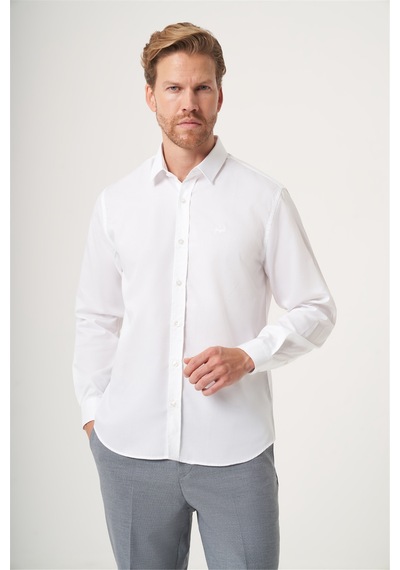 İmza Beyaz Sert Yaka Uzun Kol Cepsiz Slim Fit %100 Pamuk Gömlek 1004260211