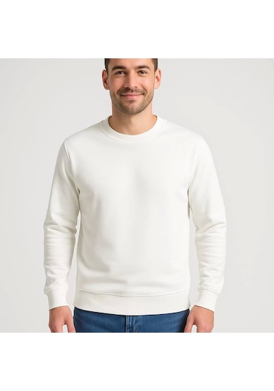 Erkek Üç İplik Düz Bisiklet Yaka Sweatshirt - Beyaz Beyaz