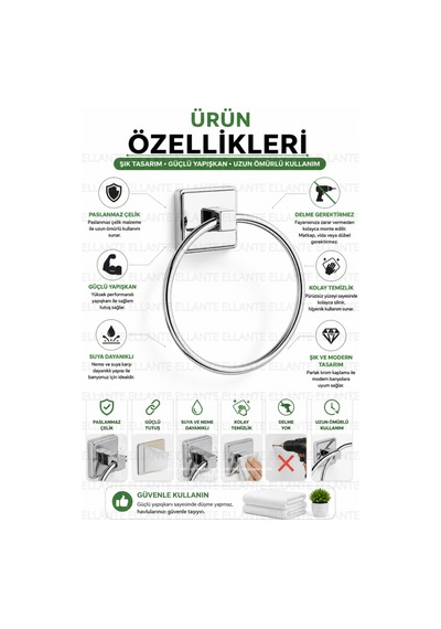 Yapışkanlı Paslanmaz Çelik Havluluk Halka Delme Gerektirmeyen Güçlü Yapışkanlı Krom Banyo Havlu Askı Çok Renkli
