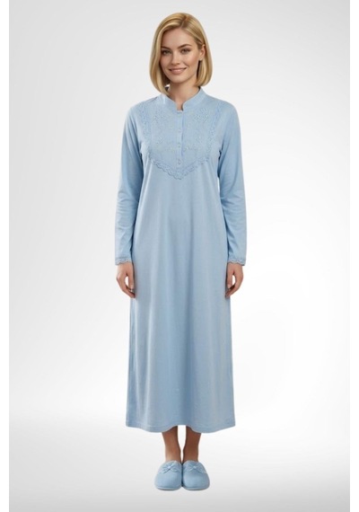 Mecit Pijama Mecit 6376 Mavi Kadın %100 Pamuk Uzun Kollu Gecelik