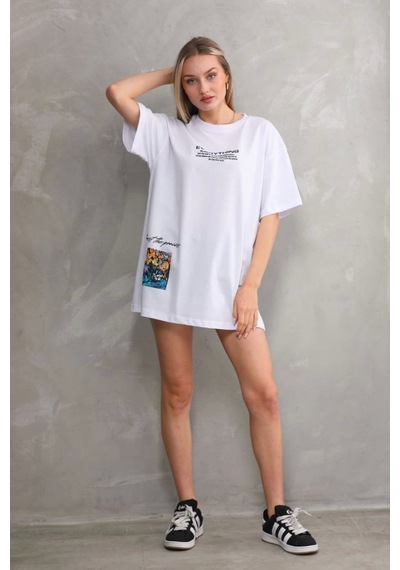 Wear Vexel Kadın Bisiklet Yaka Baskılı Oversize T-shirt - Beyaz Beyaz