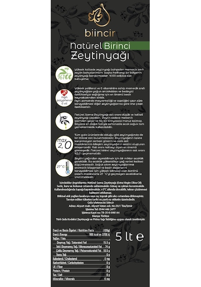 Biincir Soğuk Sıkım Natürel Birinci Zeytinyağı 5 L