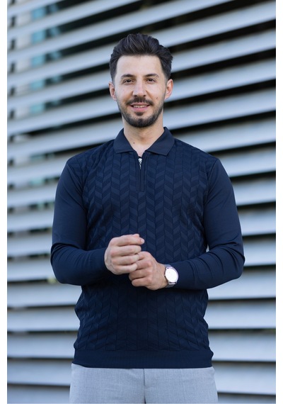 Hk Premium Erkek Triko Kazak Zikzak Desenli Polo Yaka Fermuarlı Slim Fit Lacivert