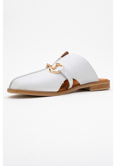 Luvishoes Luvi Shoes Favor Beyaz Cilt Hakiki Deri Tokalı Önü Kapalı Kadın Terlik Beyaz