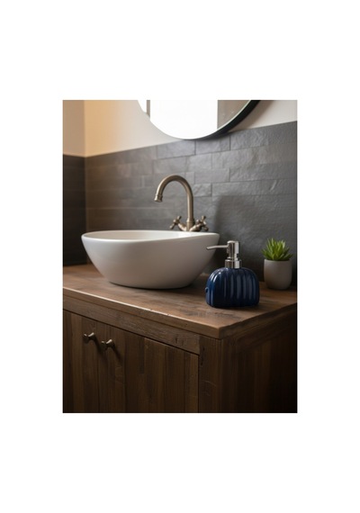 Buççin Online Mağaza Dekoratif Seramik Sıvı Sabunluk Krom Başlıklı Şık Banyo & Mutfak Dispanseri Seramik Lacivert Çok Renkli