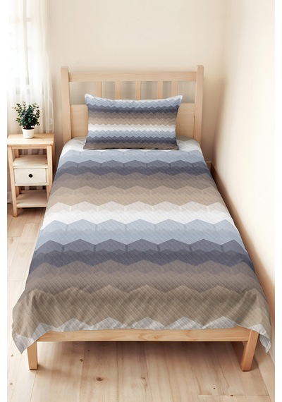 Geometrik Mavi Gri Genç Odası Tek Kişilik Pike Takımı - Modern Bej 160x220 Cm Kapitone Yatak Örtüsü Krem