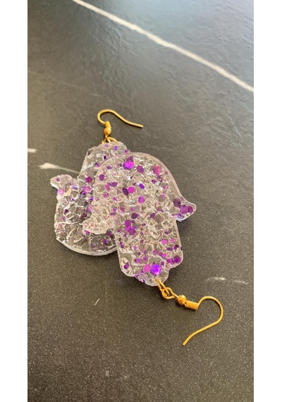 Epoksi İçine Mor Glitter Süs Kristal Desen Fatma Ana Eli Küpe Şeffaf