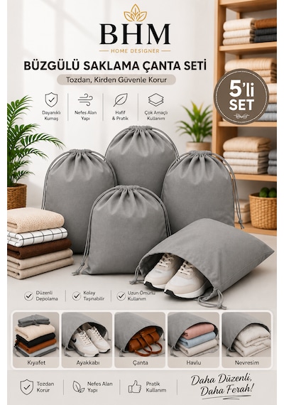 5'li Büzgülü Saklama Çantası 35x45 Cm Nefes Alan Ayakkabı Kılıfı Toz Koruyucu Organizer Gri