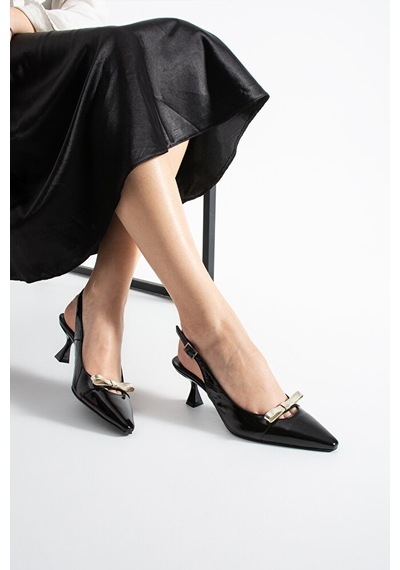 Dericia Shoes Thunder Hakiki Deri Rugan Kadın Fiyonk Detaylı İnce Topuklu Ayakk Siyah