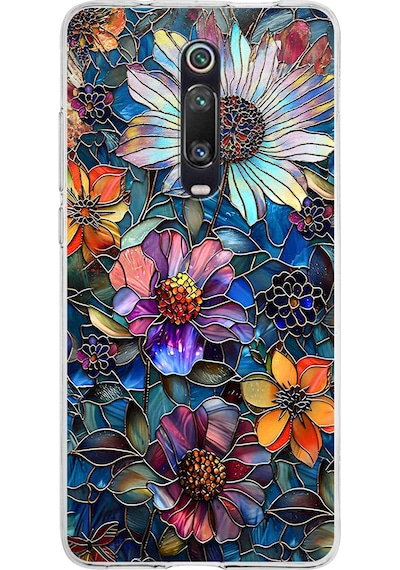 Printify Xiaomi Mi 9t İle Uyumlu Vitray Mücevher Flora Tasarımlı Şeffaf Silikon Kılıf Şeffaf