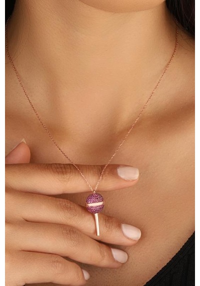 Pembe Taşlı Lolipop Şeker Gümüş Kolyesi Rose Gold