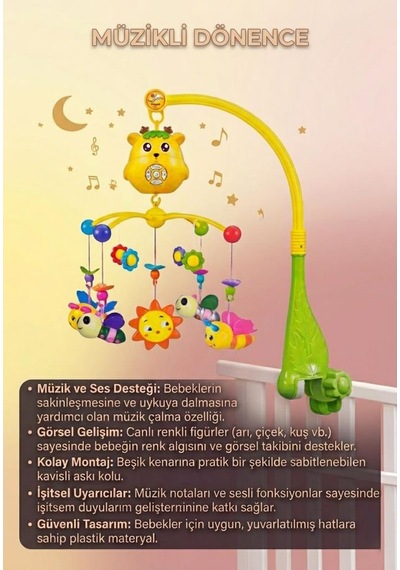 Işıklı Müzikli Sesli Kumanda Edilebilir Renkli Hayvan Figürlü Eğitici Oyuncak Beşik Dönencesi