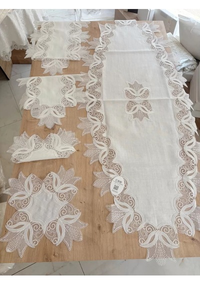 Salon Takımı Çeyizlik Kreme Runner Set 5 Parça Keten Ranır Masa Konsol Sehpa Örtüsü Kayla Diğer