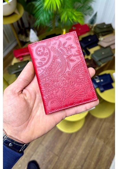 Premium Deri Ruhsat Kılıfı Ve Anahtarlık Seti Kırmızı Motifli