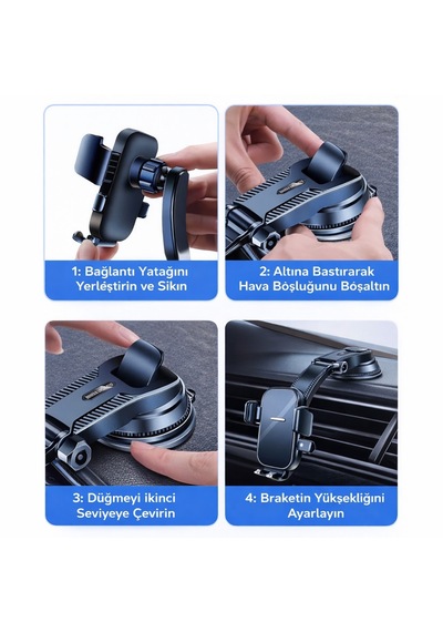 360 Ayarlanabilir Vakumlu Araç Telefon Tutucu Torpido&havalandırma Uyumlu Universal Telefon Standı Siyah