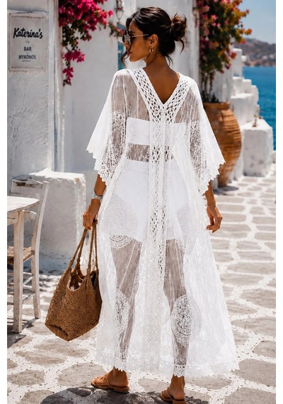 Asprinfashion Kadın İthal Dantel Pareo Kimono Plaj Elbisesi Beyaz Bohem Yazlık Kaftan