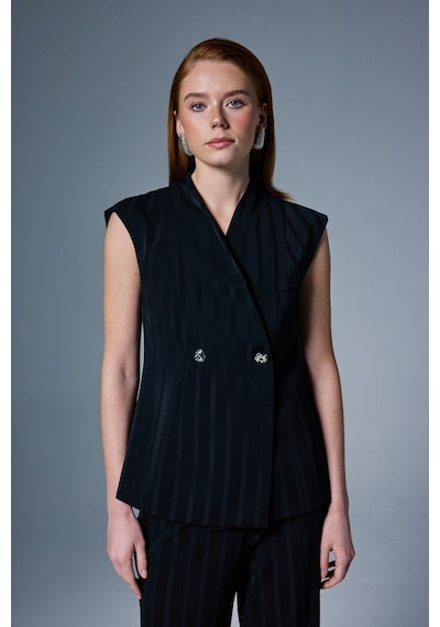 Sateen Anna Çizgili Yelek - Siyah-137101 Siyah