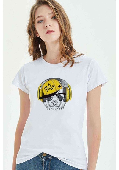Kulaklık Ve Hip Hop Şapkalı Sevimli Baskılı Beyaz Kadın Tshirt