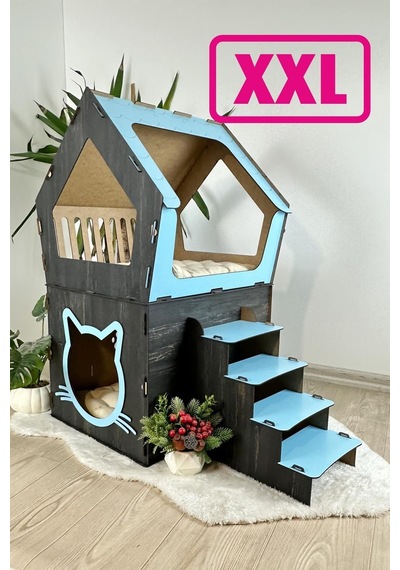 Mavitrend Ahşap Büyük Kedi Evi Xxl Açık Teraslı Model