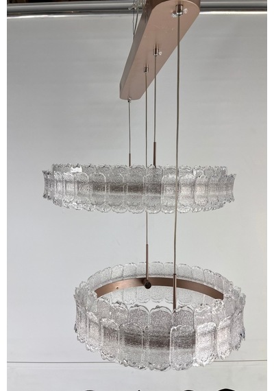 Lüks Çift Halka Tasarımlı Rose Gold Detaylı Kristal Camlı Modern Led Avize Pudra