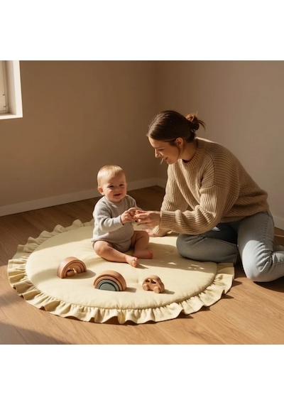 Keten Oyun Halısı, Yuvarlak Oyun Matı, Fırfırlı Oyun Minderi - Sarı