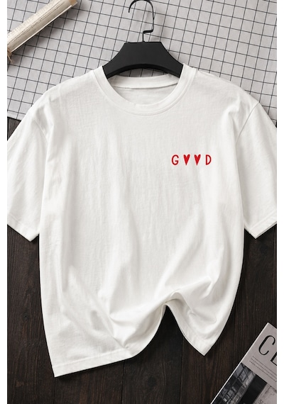 Spoyi Good Mood Tasarımlı %100 Pamuk Yarım Oversize Beyaz T-shirt