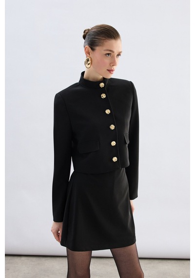Sateen Düğmeli Kısa Ceket - Siyah-136774 Siyah