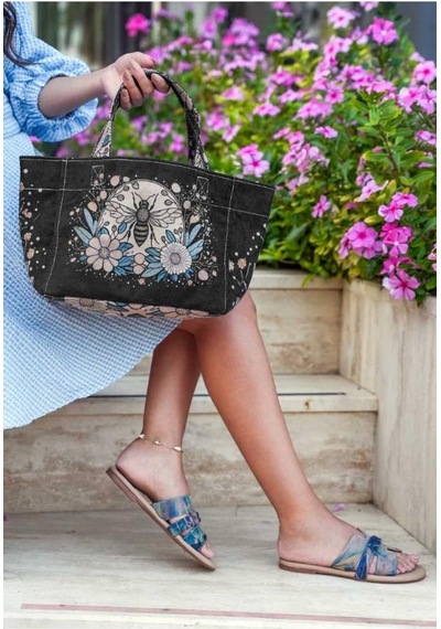 Kadın Vegan Deri Siyah Medium Tote Bag - Bee With Flowers Tasarım Siyah