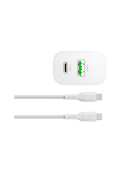 Bolt Duo 20W Usb-A Ve Type-C Çift Portlu Hızlı Şarj Aleti Type-C Kablo Ve Adaptör Seti Beyaz