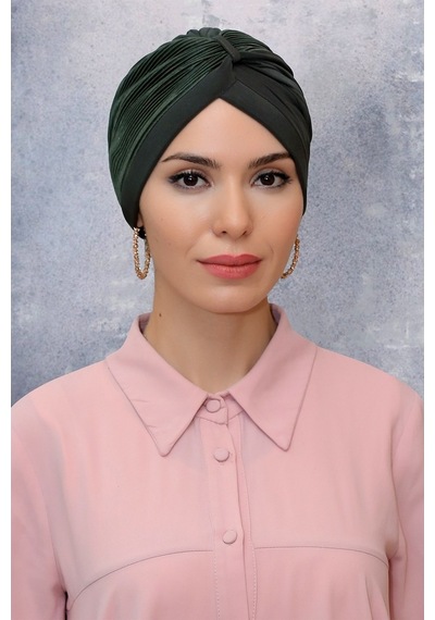 Hürrem Bone Haki Pratik Hazır Geçmeli Tesettür Bone Fukuro Sandy Kumaş Büzgül Haki