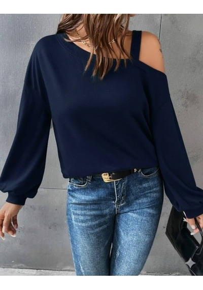 Moderie Butik Kadın Uzun Kollu Tek Omuz Askı Detay Salaş Viskon Iki Iplik Bluz Lacivert