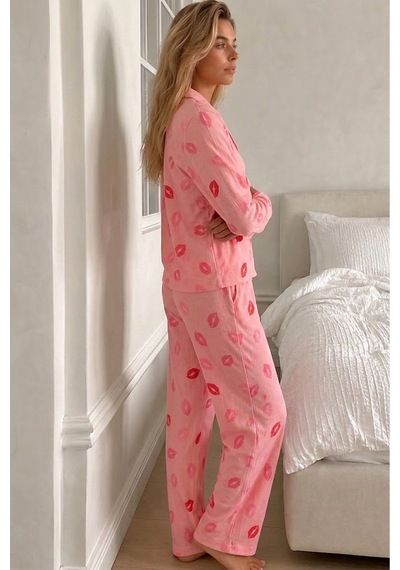 Fit Women Kadın Gömlek Yaka Uzun Kollu Pembe Pijama Takımı