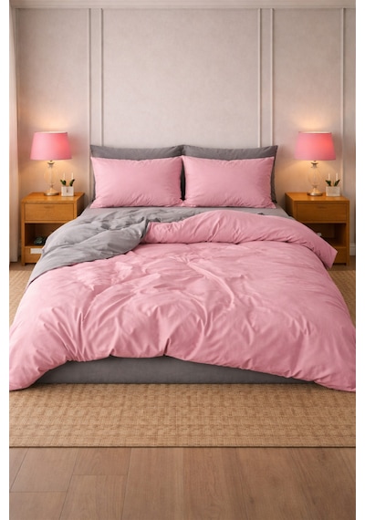 More Home Çift Kişilik Nevresim Takımı Lastikli Çarşaf Pembe Antrasit Gri - Pembe