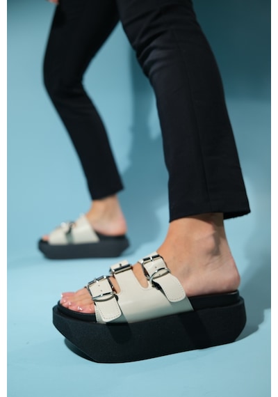 Luvishoes Olava Bej Tokalı Kadın Kalın Tabanlı Terlik Bej