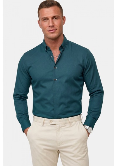 Deep Sea Deepsea Yeşil Slim Fit Likralı Kolay Ütülenebilir Gizli Düğmeli Erkek Gömlek 2602614
