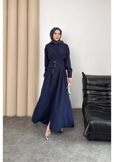 Mihran Butik Valeno Model Coupra Model Kumaş Kemer Detaylı Elbise Lacivert