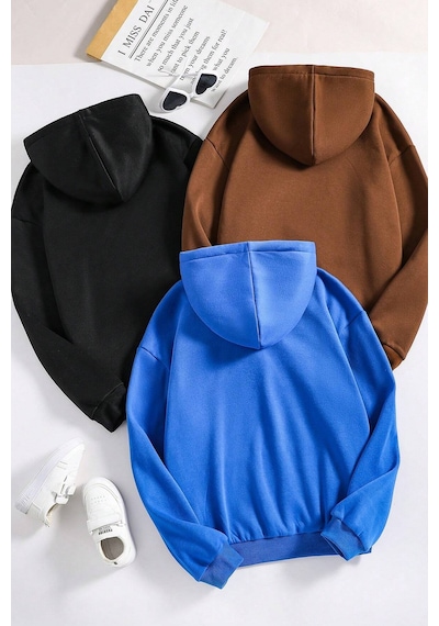 Uyguntarz Unisex Düz 3' Lü Baskısız Kapüşonlu Oversize Sweatshirt Mavi