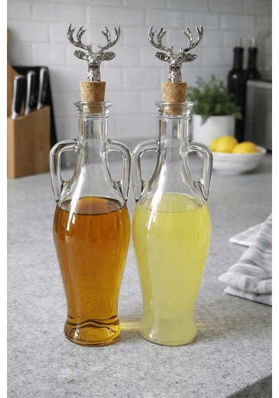 2'li Amfora Model Mantar Tıpalı Cam Yağ Şişesi - 750ml. Şeffaf Sirke Limon Suyu Şişesi - Gümüş Geyik Şeffaf