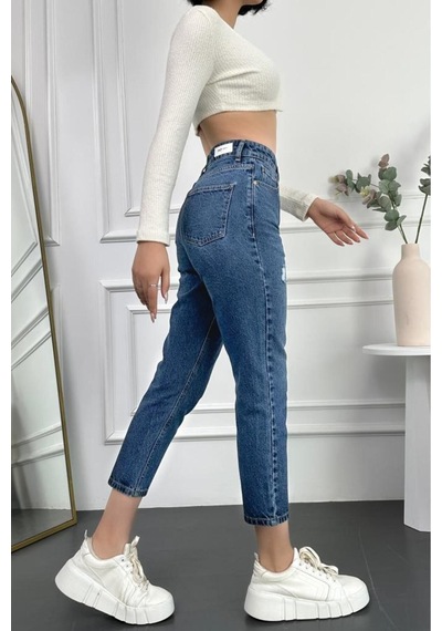 Mavi Yıpratmalı Kadın Boyfriend Jean Yüksek Bel Kot Pantolon Mabel Model 001
